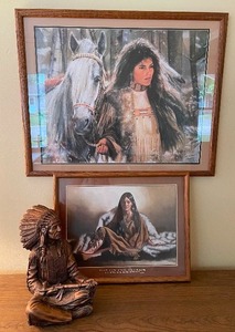 Framed Print Signed by Maija, Moon Shadow Horse and Maiden, Native American Print and Resin Indian Chief