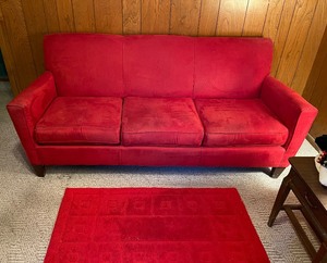 Red Microfiber Couch with Red Rugs