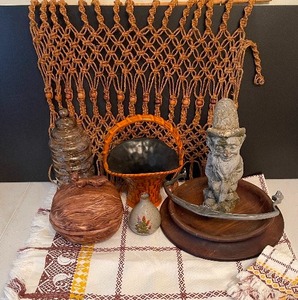 Macrame Wall Hanging, Stone Gnome, Hobby Pottery Squirrel on Nut, Haeger Pottery Basket