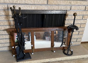 Wall Mirror with Hooks, Cast Iron Fireplace Tool Set and Standing Cast Iron Horse Collar Ashtray