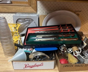 LARGE Utensil Lot with Serving Platters and Carving Knife Sets