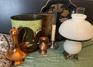 Hobnail Milkglass Hurricane Lamp, Copper Coffee Pot LOT