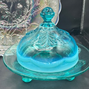Vintage EAPG Blue Opalescent Wreath and Shell Butter Dish and Adams EAPG Thousand Eye Blue Cruet