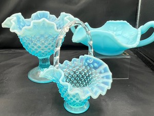 Fenton Blue Opalescent Hobnail Ruffle Pedestal Bowl and Basket