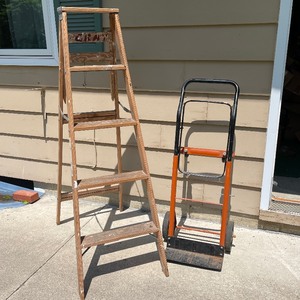Wooden Ladder and Convertible Two Wheel Utility Cart