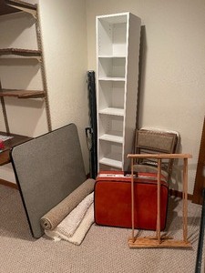 Samsonite Folding Table with two unmatched chairs, shelving unit LOT