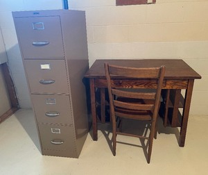 Antique Petite Mission Style Library Desk with drawer and Chair, metal filing cabinet