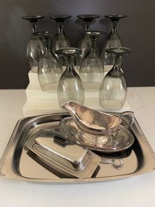 Stainless Steel MCM Serving Pieces and Libbey Vintage Bordeaux Water Goblets