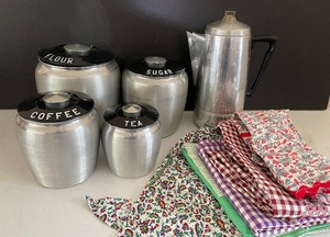 Vintage Kromex Aluminum Four Piece Canister Set, Percolator and Aprons