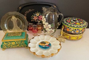 AnchorGlass Egg Plates Milkglass, Metal Tray and  Pitcher