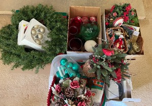 Large Lot of Christmas Decor - Two Boxes, One Tote, 2 wreaths