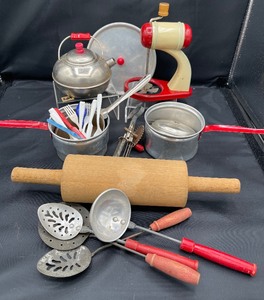 Vintage Childrens Toy Kitchen Lot Mixer, Pots, Utensils, Child Size Wood Rolling Pin