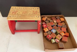Childrens Vintage Wooden Step Stool and Wooden Blocks