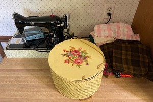 Sewing Lot Montgomery Ward Sewing Machine in Case and Notions