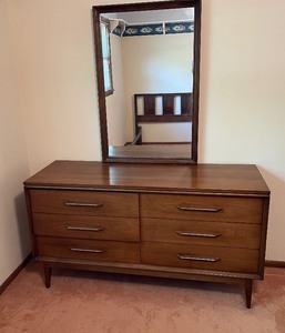 Vintage Full Size Headboard and Frame with MCM Style Six Drawer Dresser by Style House