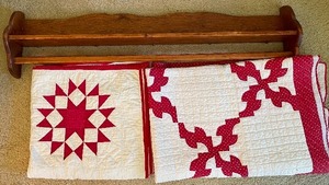 Wooden Hanging Quilt Rack and Two Vintage Red and White Quilts