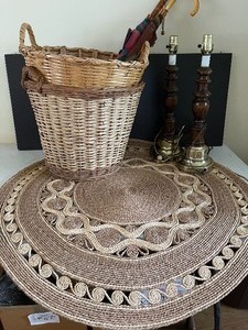 Raffia Round Rug 36, Vintage Laundry Baskets and Lamps Lot