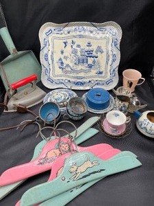 Vintage Childrens Toy Lot-Tin Litho Dishes, Iron, Dustpan Wood hangers