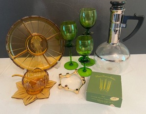 Set of 3 Green Glass Tall Votive Holders, Amber Tray and Art Glass Amber Dish with Spoon