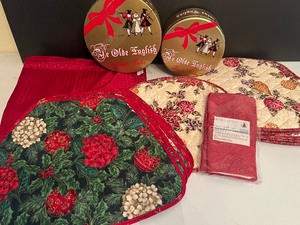 Two Sets of Quilted Christmas Placemats, Vintage Fruitcake Tins and Linens