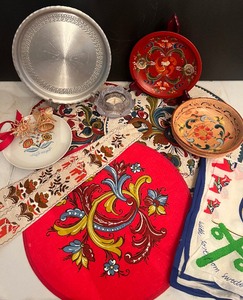 NorwayScandinavian Mixed Lot Hammered Tray, Linens Rosemaling Sweden Dala Horse Wall TrayPlate Holder