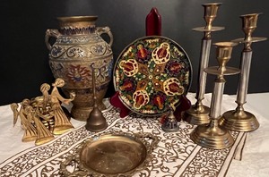 Japanese Brass Cloisonne Enamel Vase with Foo Dog Handles, Enesco Brass Candlesticks Set LOT