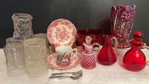 Antique Fenton Cranberry Opalescent 5 Hobnail Cruet and Imperial Glass Carnival Glass Vase LOT