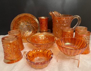 Antique Carnival Glass Marigold Imperial Lustre Rose Pitcher and Tumbler Set and Bowls