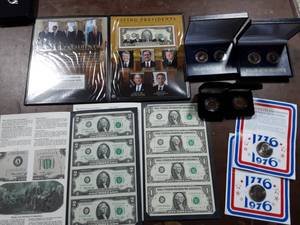 One & Two Dollar Currency & Coins-One & 2 Dollar Uncut Sets. Sac & SBA Painted Versions