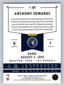 lot 12 image: Anthony Edwards RC 2020-21 Chronicles #101 Rookie Minnesota Timberwolves Basketball Card
