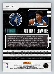lot 21 image: Anthony Edwards RC 2020-21 Chronicles Playbook #167 Rookie Minnesota Timberwolves Basketball Card
