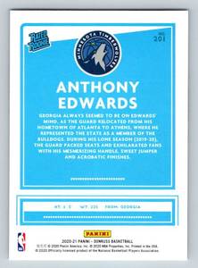 lot 25 image: Anthony Edwards RC 2020-21 Donruss Rated Rookie #210 Minnesota Timberwolves Basketball Card