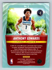 lot 35 image: Anthony Edwards Pure Players 2022-23 NBA Hoops #3 Insert Minnesota Timberwolves Basketball Card