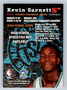 lot 46 image: Kevin Garnett RC 1996 Topps Stadium Culb #343 Rookie Minnesota Timberwolves Basketball Card