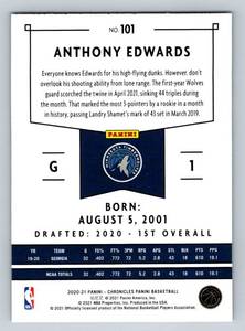 lot 4A image: Anthony Edwards RC 2020-21 Chronicles #101 Rookie Minnesota Timberwolves Basketball Card