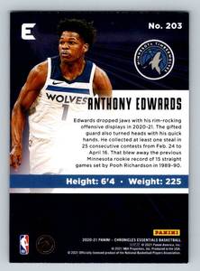 lot 8A image: Anthony Edwards RC 2020-21 Chronicles Essentials #201 Rookie Minnesota Timberwolves Basketball Card