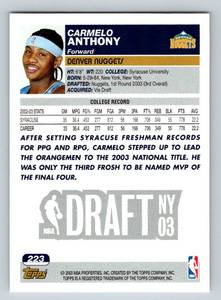 lot 11A image: Carmelo Anthony RC 2023-04 Topps Draft Pick #223 Rookie Basketball Card