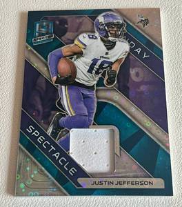 lot 3B image: Justin Jefferson 60 Relic 2023 Spectra Spectacle #SS-JJE, numbered 4960, Rare Minnesota VIkings Football Card