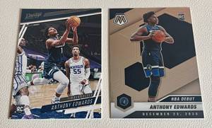 lot 18A image: Anthony Edwards 2 RC Lot 2020-21 Chronicles Prestige #58 and Mosaic NBA Debut #261 Rookie Minnesota Timberwolves Basketball Cards