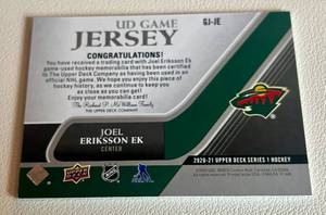 lot 31A image: Joe Eriksson Ek Relic 2020-21 Upper Deck Game Jersey #GJ-JE Minnesota Wild Hockey Card