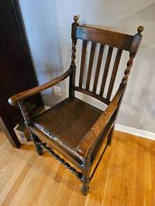 lot 18 image: Imported from England, Antique Barley Twist Wood and Leather Chair from England