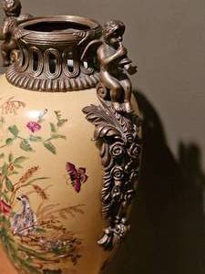 lot 35 image: Tall, Ornate Double Cherub Handled Urn with Hand Painting - 18 Tall