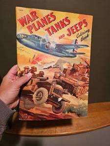 lot 39 image: LARGE 1942 WWII Era War Planes, Tanks, and Jeeps Coloring Book by Merrill