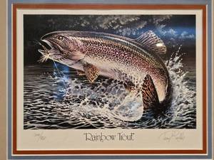 lot 49 image: 16 34 x 16 12 Terry Redlin Signed 1982 Trout Print and Stamp Framed