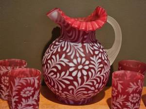 lot 25A image: An Incredible Fenton Cranberry Fern & Daisy Pitcher and (5) Cup Set