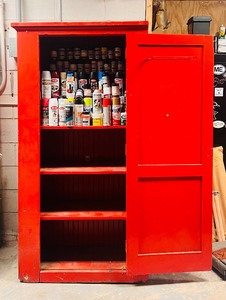 lot 152 image: Vintage Red Storage Cabinet with Four Shelves