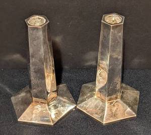 lot 25B image: Tiffany and Co. Frank Lloyd Wright Monogrammed Sterling Candleholders