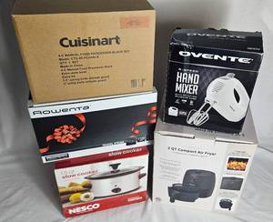 lot 36 image: Small Appliance Bundle - 2 QT Compact Air Fryer, 1.5 QT Slow Cooker, Ovente 5-Speed Hand Mixer, Cuisinart Manual Food Processor, Rowenta Travel Steamer