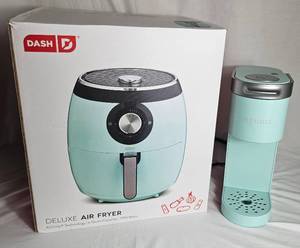 lot 37 image: Dash Deluxe 6 QT Air Fryer and Keurig K-Mini Single Serve Coffee Maker both in Seafoam Green