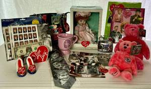 lot 33 image: I Love Lucy Collectibles Lot - Purse, Tie, Salt & Pepper Shakers, Magnets, Baby Doll, Mug, Clock and more